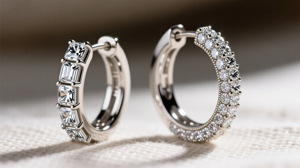 Macro shot of a prong-set CZ baguette hoop earring beside a channel-set moissanite hoop, highlighting the metal setting details