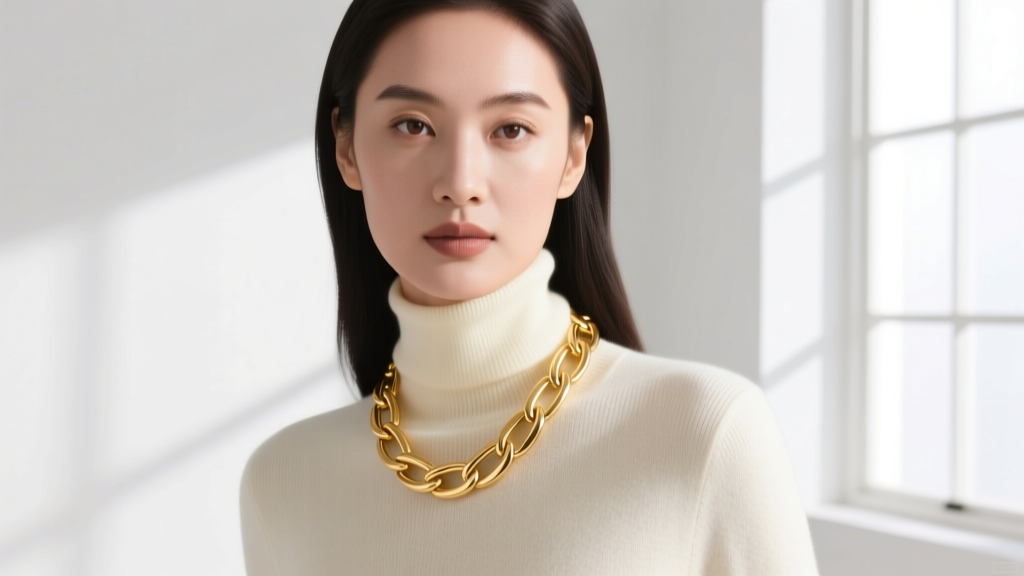 Woman wearing a chunky 14k gold paperclip link necklace over a cream turtleneck, soft natural window lighting, editorial fashion