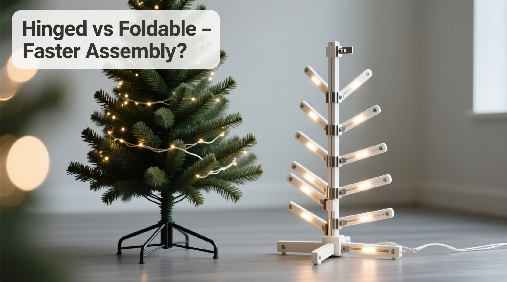 hinged vs foldable artificial trees which assembles faster with lights attached