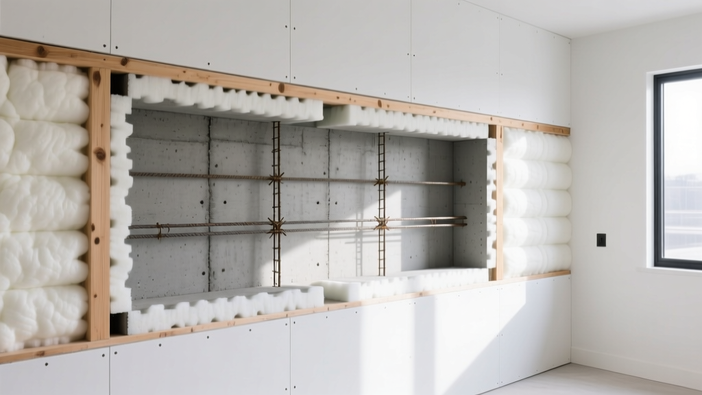 Cross-section of ICF concrete wall with steel rebar, EPS foam insulation, and interior drywall framing in a modern residential home