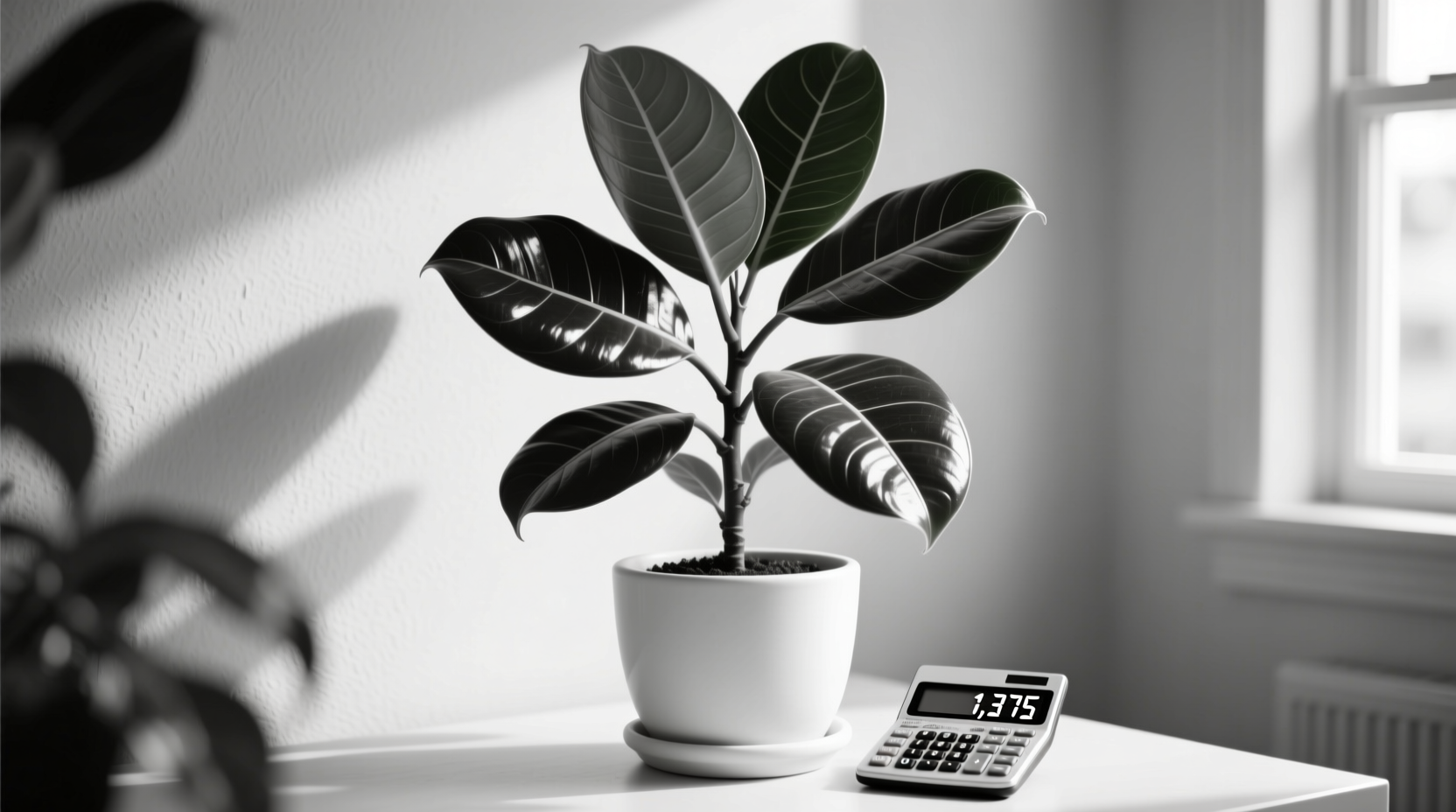 Oxygen math reality: Rubber tree plant beside calculator showing 1,375 needed per person - illustrating why houseplants don't meaningfully boost indoor oxygen levels