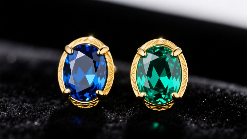 Close-up of 18k yellow gold stud earrings with oval-cut teal sapphires, showing vibrant blue and green hues on dark velvet.