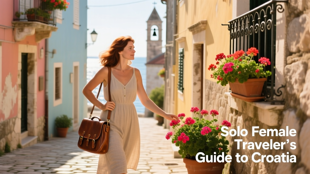 A solo female traveler exploring narrow cobblestone streets in a charming coastal town on Croatia’s Dalmatian Coast, with colorful buildings and potted geraniums