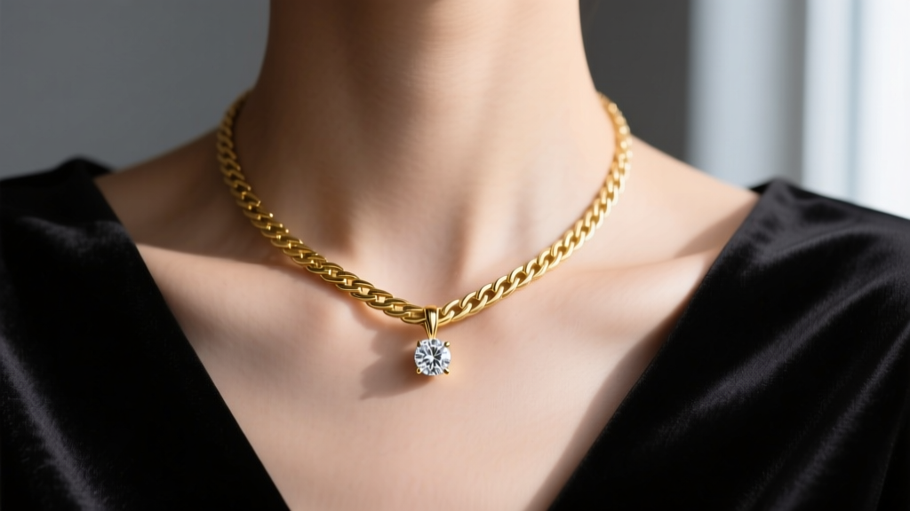 Elegant choker necklace in 14k gold herringbone with a solitaire diamond pendant resting on a collarbone against dark silk fabric.