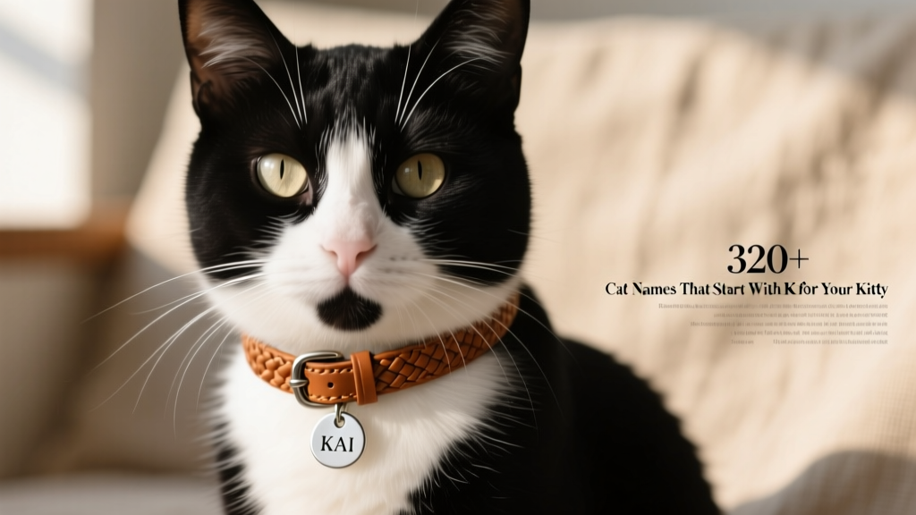 Close-up of a black-and-white tuxedo cat wearing a stylish woven collar with a small engraved metal tag reading 'KAI'
