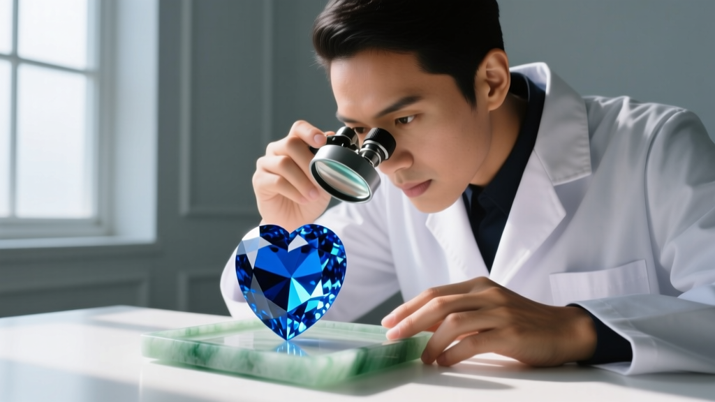 Jeweler using a 10x loupe to inspect inclusions and color zoning of a natural Ceylon sapphire heart stone under bright daylight