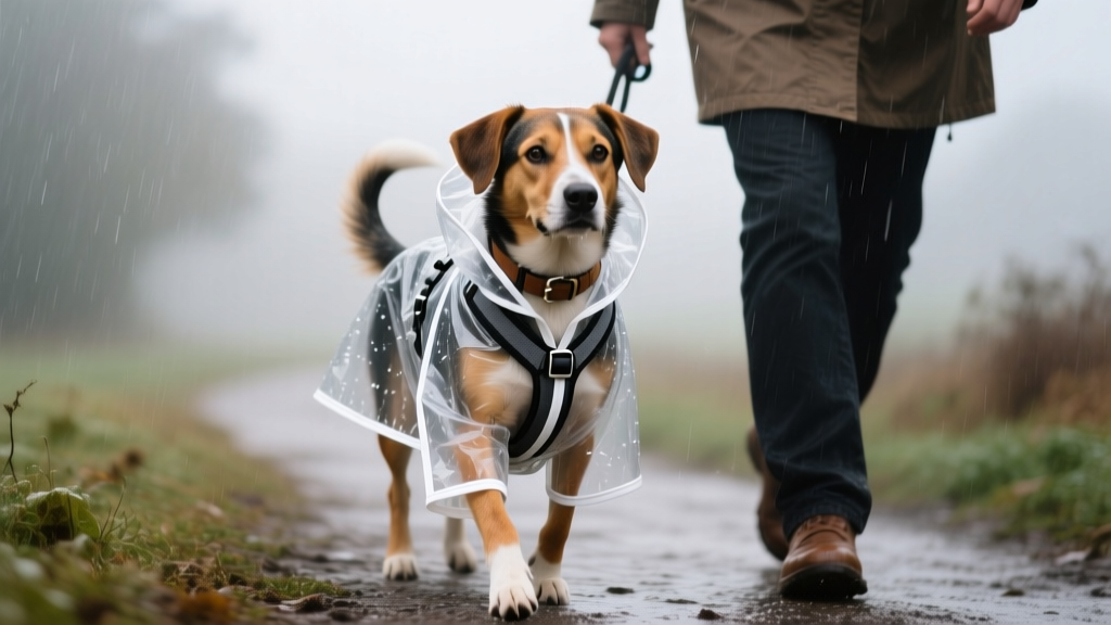 A medium-sized mixed-breed dog wearing a clear vinyl raincoat with white piping, walking beside its owner on a misty path—the coat reveals the dog’s collar and harness underneath while shedding rain