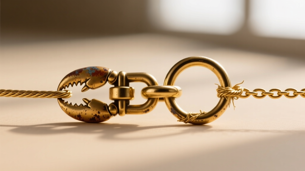 Extreme close-up of a tarnished 14k gold lobster clasp and a frayed jump ring attached to a delicate 1mm gold cable chain.