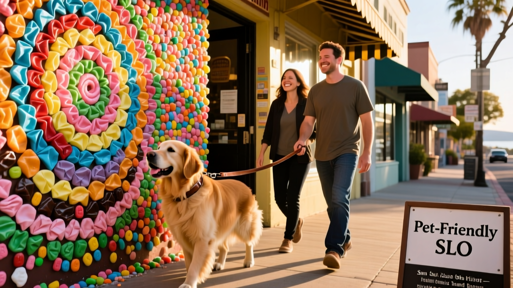 A colorful, gum-covered wall in Bubblegum Alley, with a leashed dog and owner walking past in San Luis Obispo
