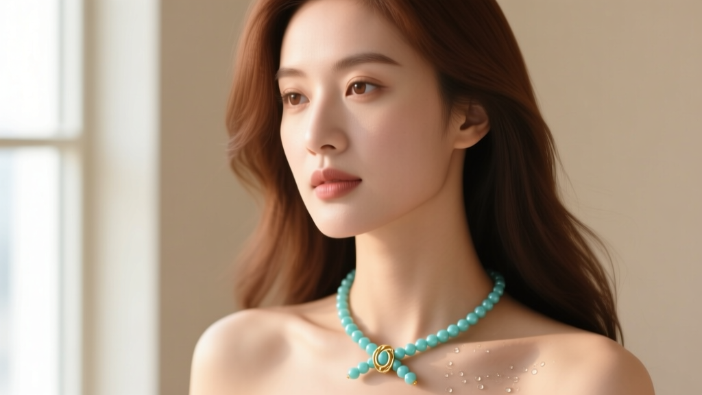 Portrait of a woman wearing a knotted aquamarine beaded necklace with a gold clasp, illuminated by soft natural window light.