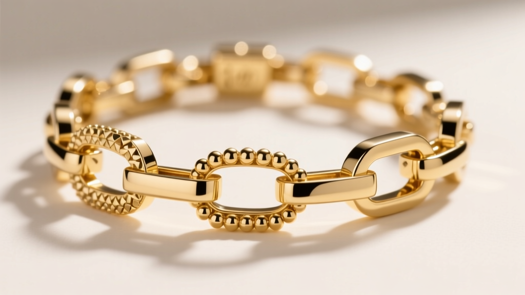 Close-up of a 14k gold multi-clasp necklace spacer connecting three distinct chains to prevent tangling under bright studio light.