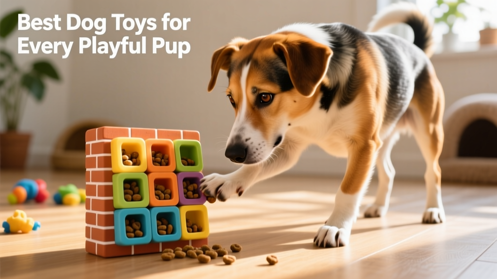 A mixed-breed dog intently working on a colorful brick-style puzzle toy with treat compartments