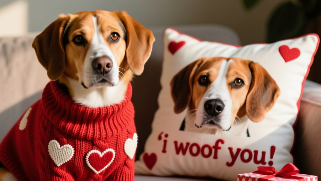 A close-up of a medium-sized dog wearing a red cable-knit sweater with embroidered hearts, sitting beside a personalized throw pillow showing its face