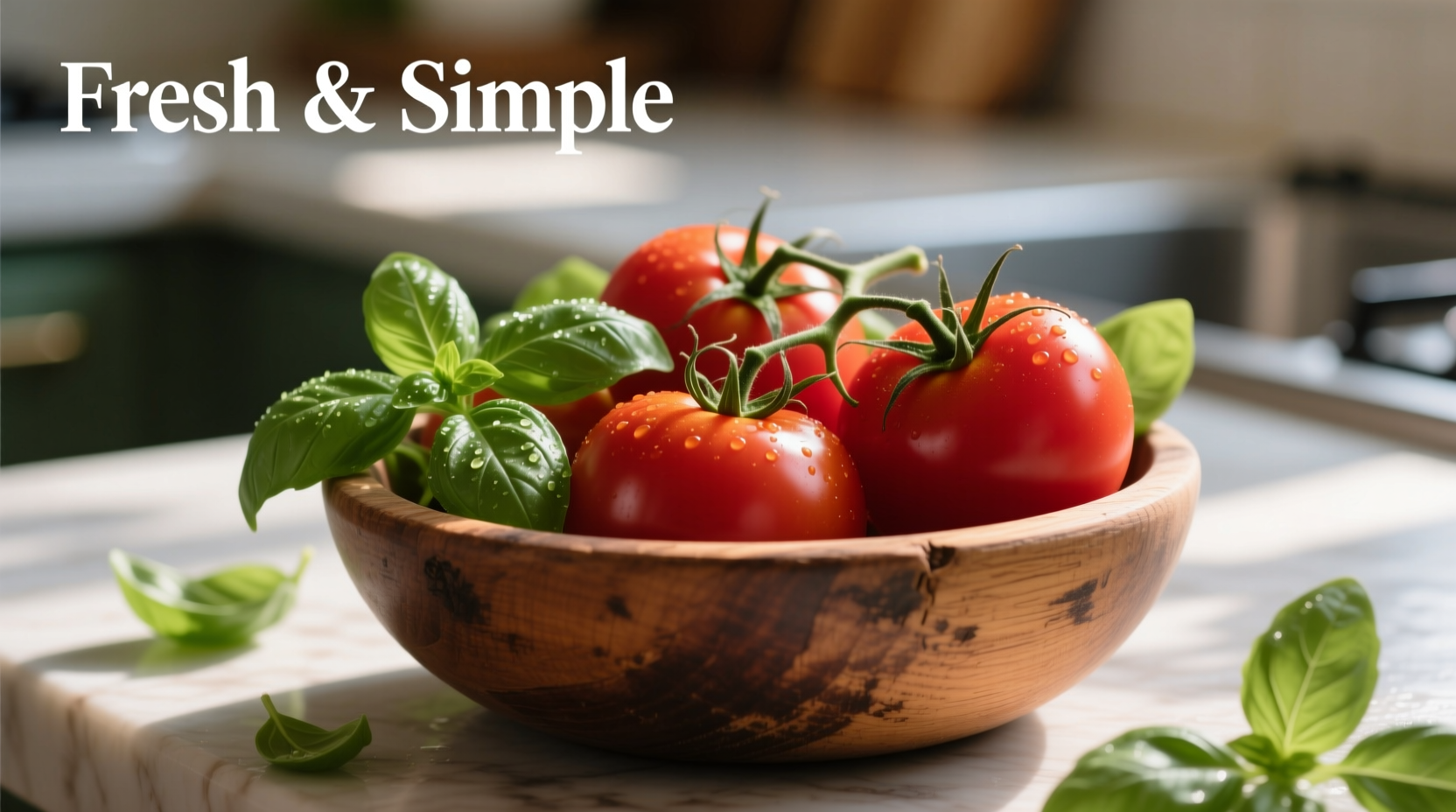 Roma tomatoes in wooden bowl with fresh basil