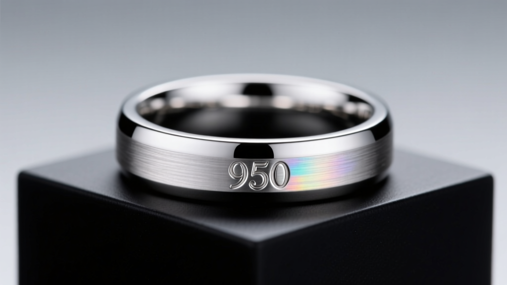Macro shot of a stamped 950 hallmark on the inner band of a polished platinum engagement ring under focused studio lighting.