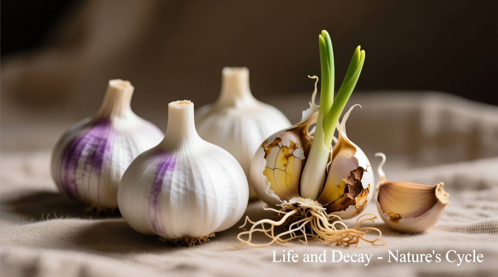Fresh garlic bulbs next to sprouted spoiled garlic