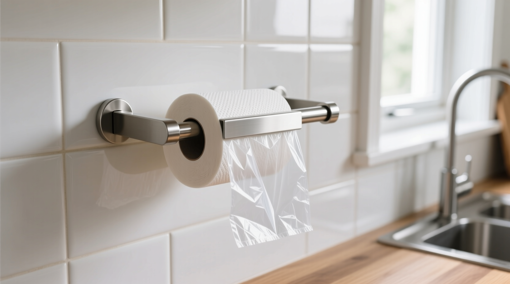 use a paper towel bar as a garbage bag dispenser