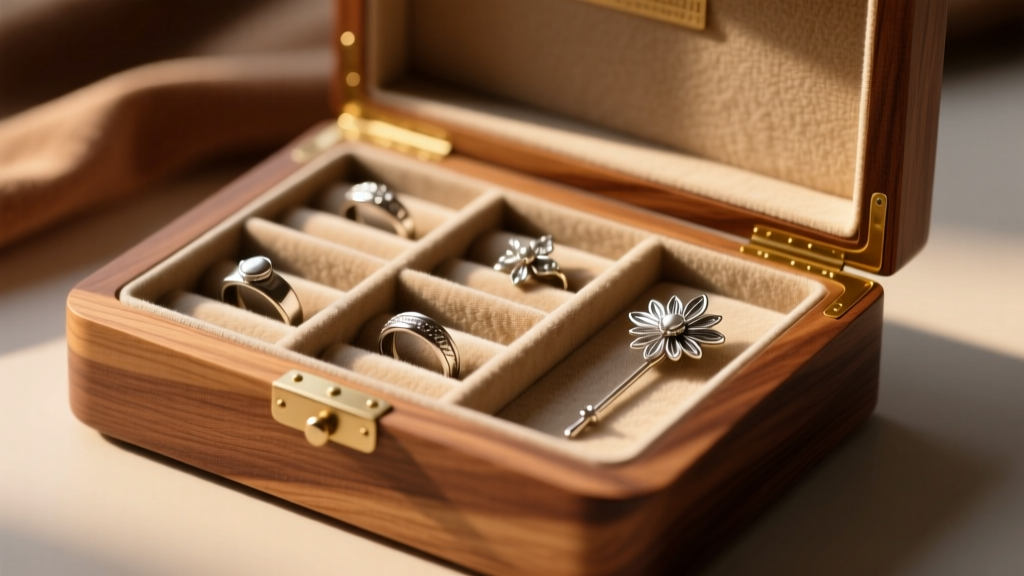 Wooden jewelry box lined with anti-tarnish cloth, storing matte pewter rings and brooches in separate velvet compartments under warm light.