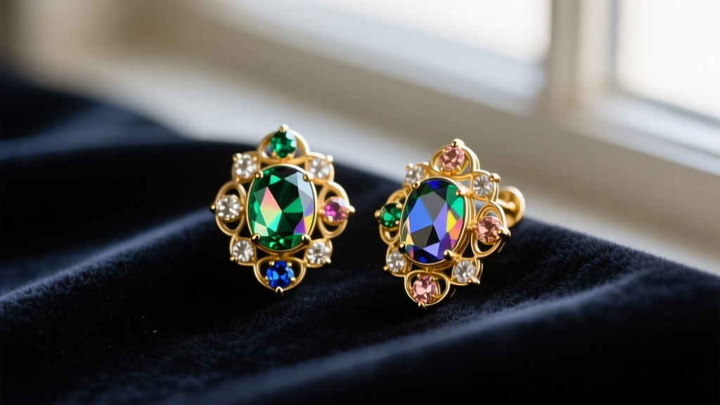 Close-up of 1950s gold-plated Donald Stannard clip-on earrings with aurora borealis rhinestones resting on dark velvet fabric.