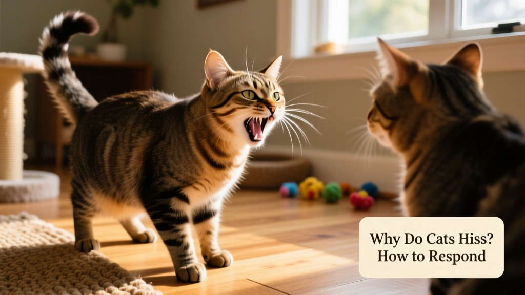 Cat hissing defensively at another cat, with arched back and raised fur