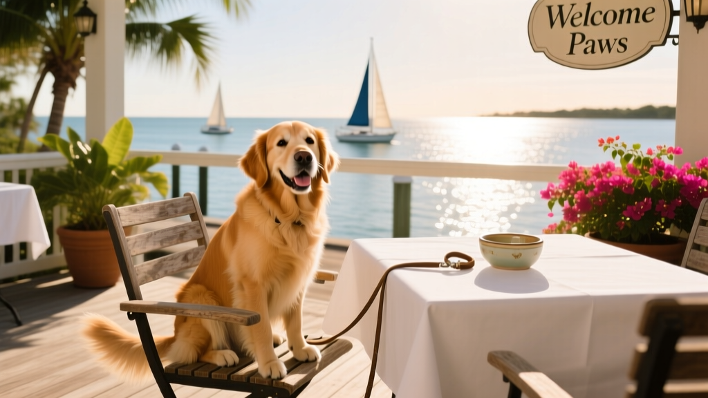 A happy dog sitting on an outdoor chair at a waterfront restaurant patio in Hilton Head