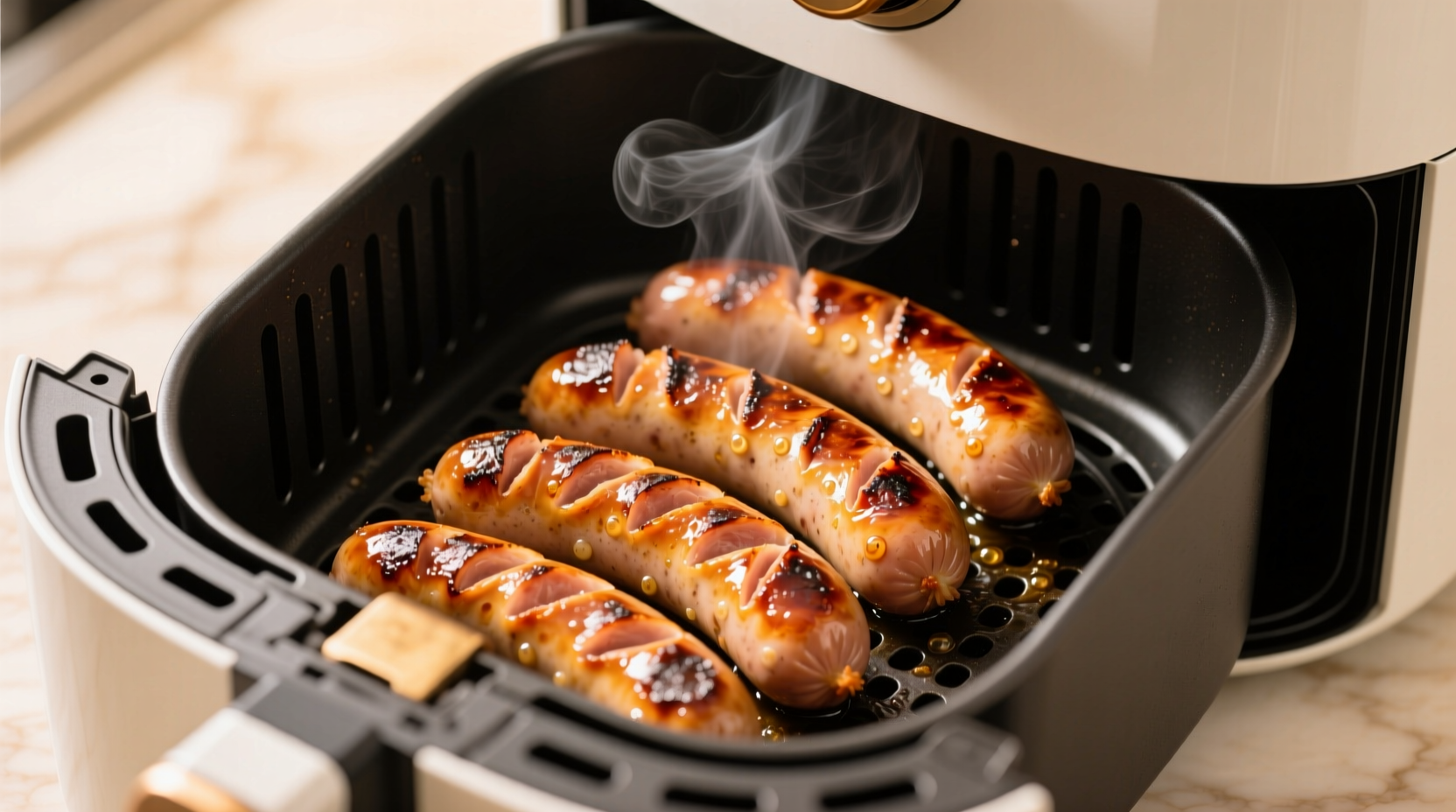 Perfectly cooked brats in air fryer basket