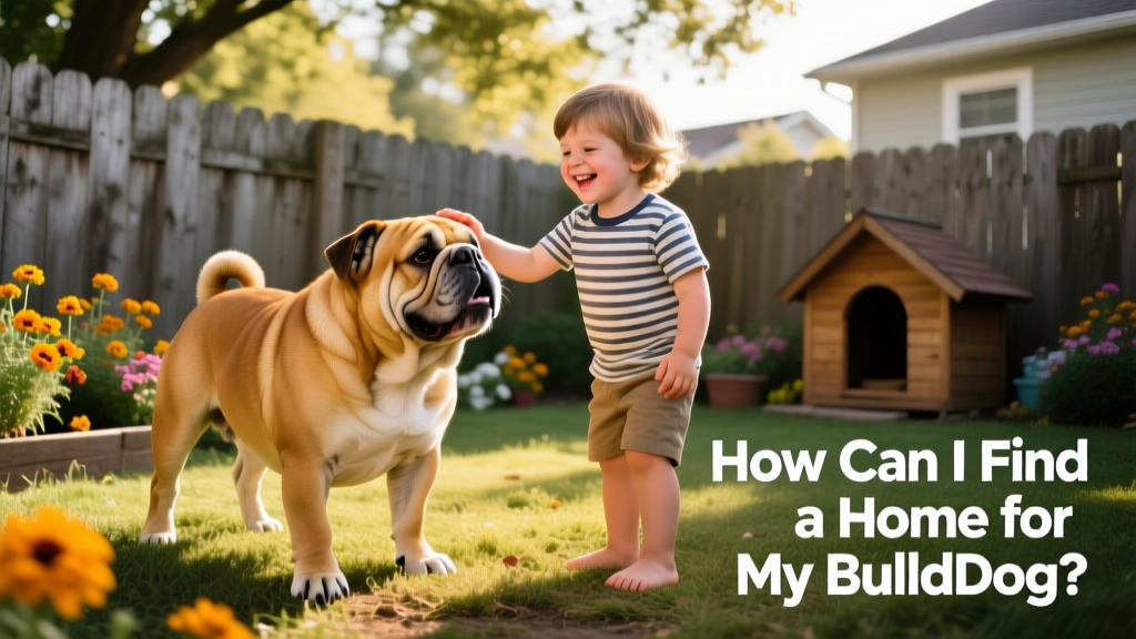A happy bulldog playing gently with a child in a fenced backyard, symbolizing a successful, joyful rehoming outcome