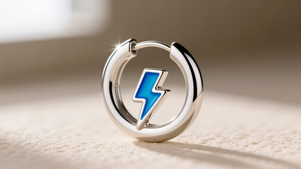 Macro shot of rhodium-plated sterling silver huggie hoop earring with a tiny cold-enamel Sailor Jupiter lightning bolt charm.