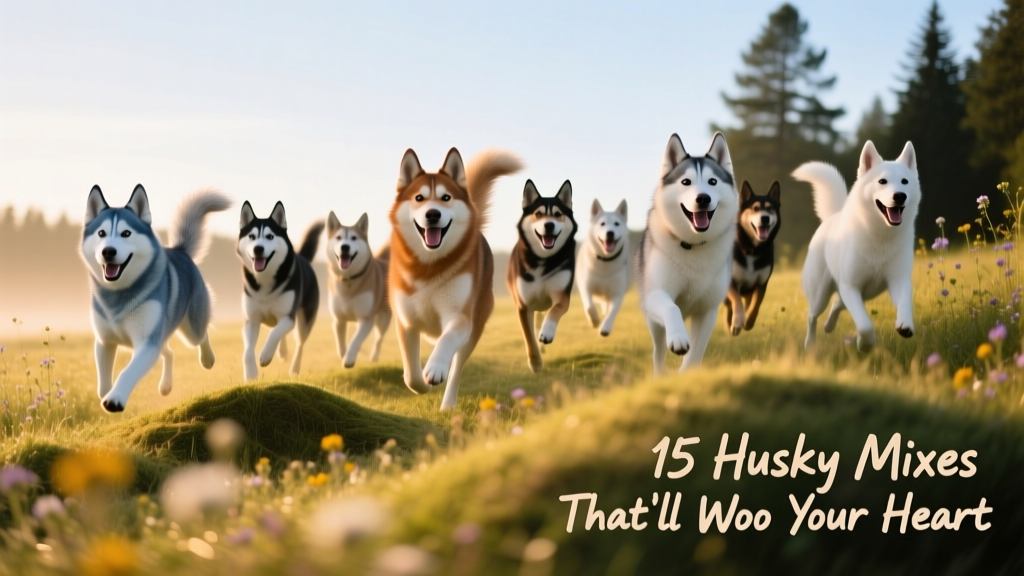 A playful group of diverse Husky mixes running together in a sunlit meadow