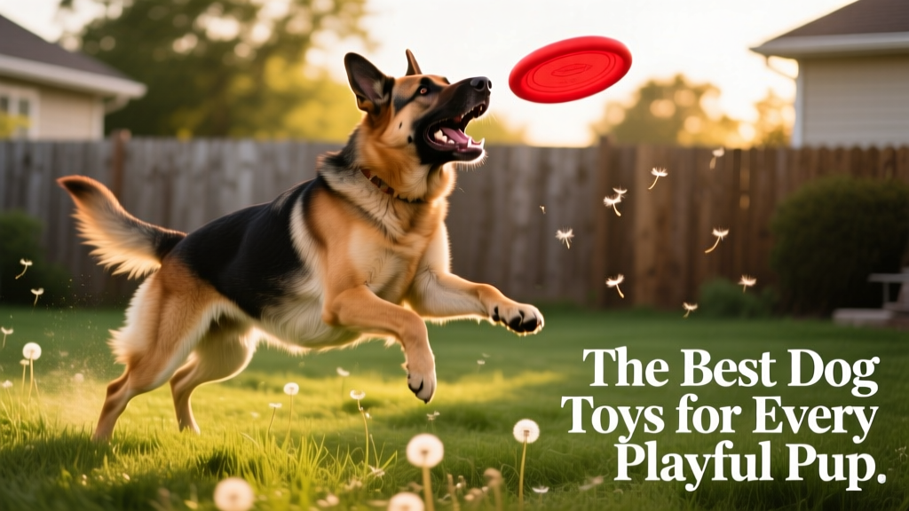 A large breed dog leaping mid-air to catch a rubber Frisbee-style toy outdoors