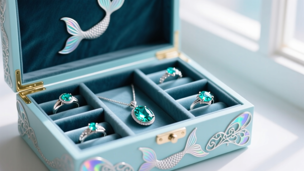 Silver rings and aquamarine pendants neatly organized in separate velvet compartments inside a pastel blue mermaid jewelry box