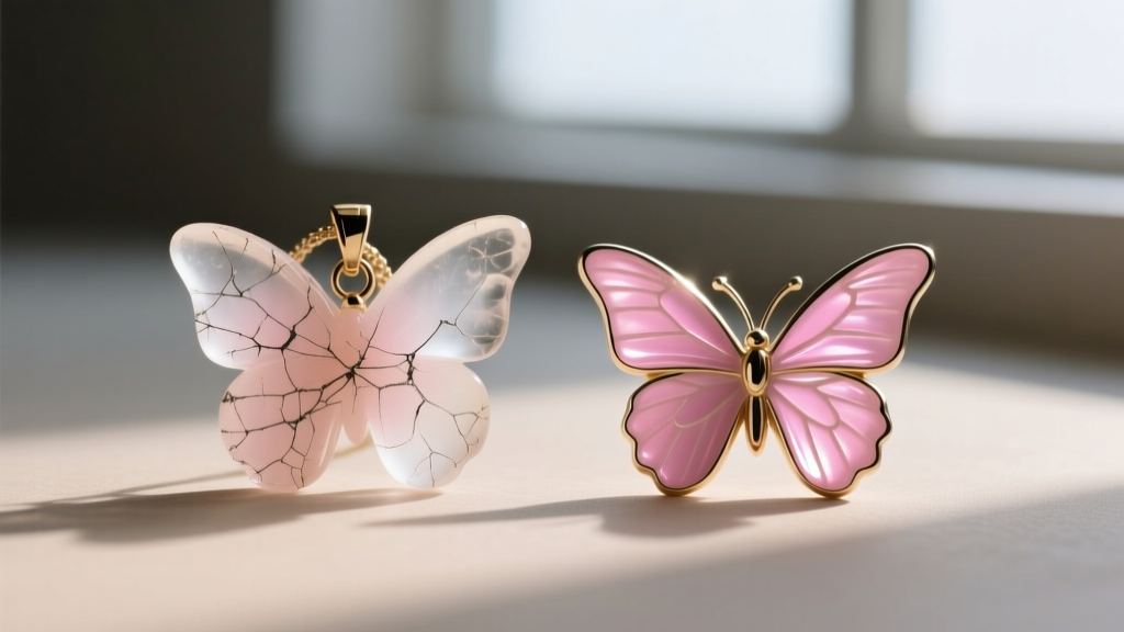 Macro photo of a scratched resin butterfly pendant beside a flawless vitreous enamel pink butterfly, showing surface details.