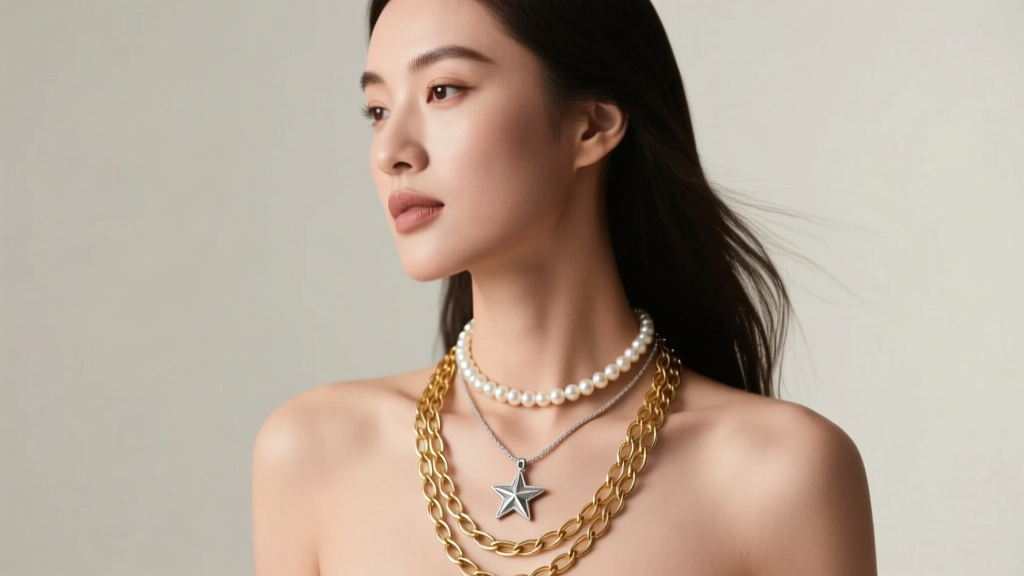Woman wearing a layered stack with a 16-inch pearl choker, an 18-inch silver star pendant, and a 20-inch gold lariat chain.