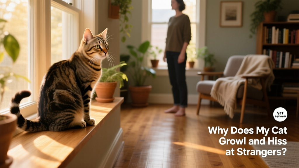 A calm cat observing a person from a safe perch, tail relaxed, ears forward—demonstrating confident but cautious curiosity