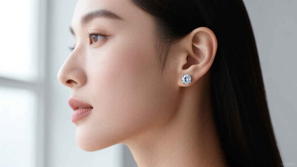 Side profile of a woman wearing an 8mm round diamond stud, showing the gemstone proportion against an average earlobe size