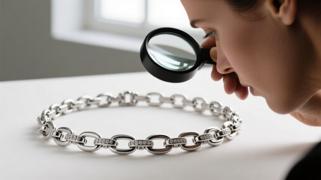 Jeweler inspecting articulation hinges of a platinum riviere necklace under a loupe, revealing the flexible metal link structure.