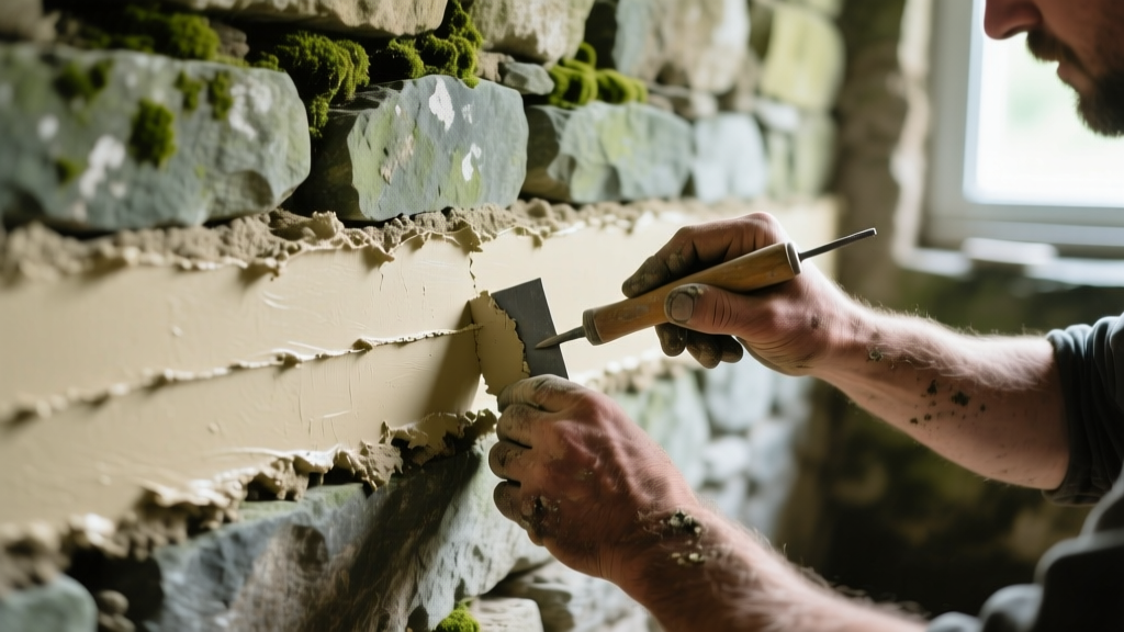 Close-up of a mason using a tuckpointing tool to apply fresh lime mortar into the deep joints of a historic rubble stone basement foundation wall.