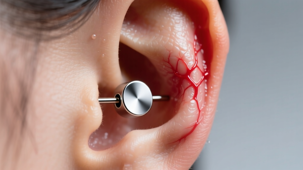 Macro shot of an inflamed earlobe wearing a steel smart earring, showing redness around the piercing under bright clinical lighting