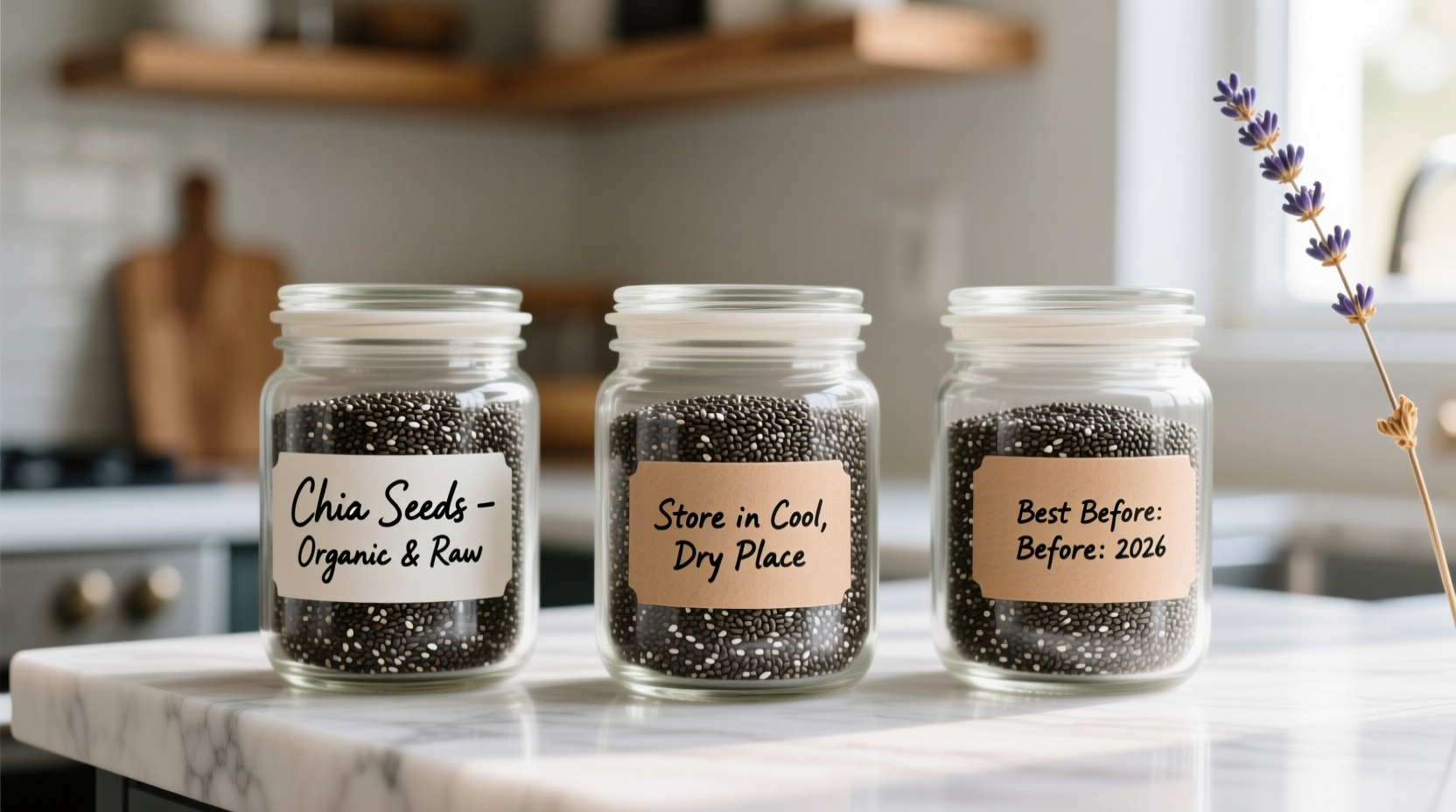 Chia seeds in glass jars with proper storage labels