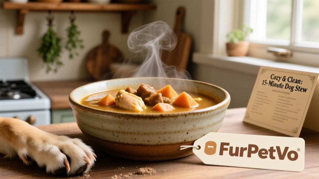 Close-up of freshly prepared dog stew cooling in a ceramic bowl beside a dog’s paw and a FurPetVo logo tag