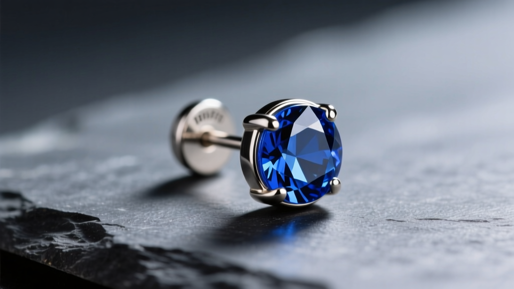 Close-up of a 16-gauge implant-grade titanium flat back post earring with a bezel-set sapphire, resting on a dark slate surface.