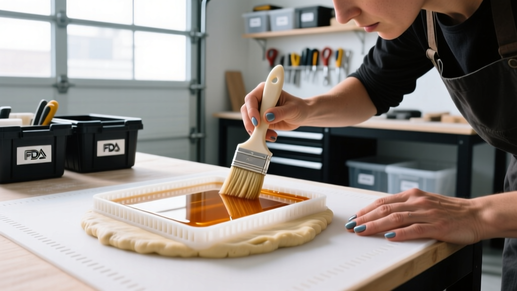 Maker applying a clear coat of FDA-compliant epoxy resin over a 3D printed PLA dough scraper using a foam brush in a well-lit garage