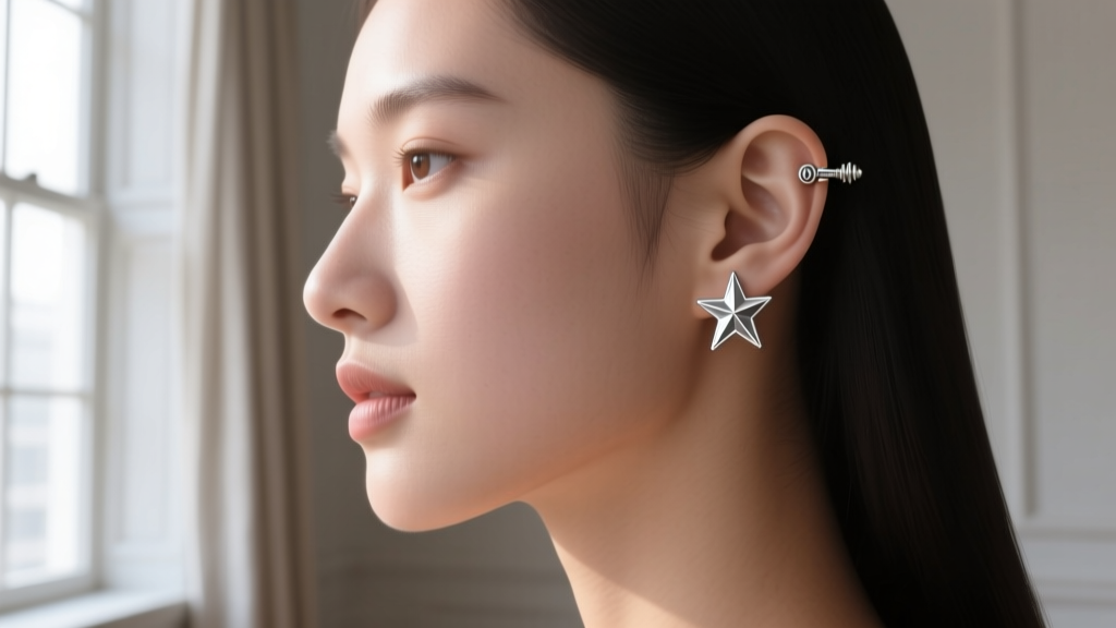 Side profile of a woman wearing minimalist silver star studs, highlighting the secure screw-back earring post mechanism