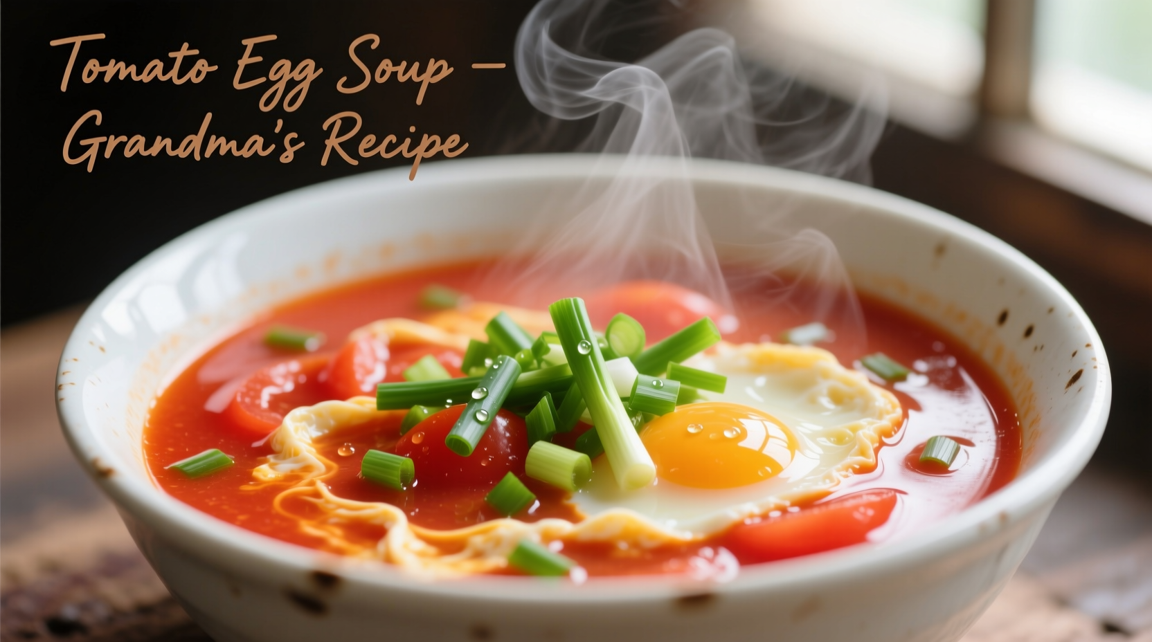 Steaming bowl of Chinese tomato egg soup with scallions