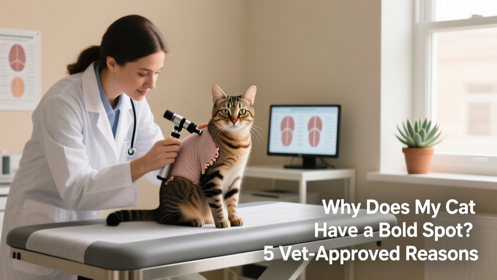 Veterinarian gently examining a cat’s bald patch with an otoscope while the cat sits calmly on an exam table