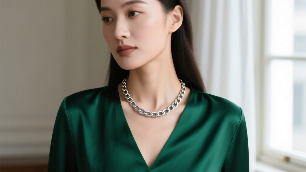 Close-up of a woman wearing a delicate 45 cm sterling silver rolo chain necklace over a deep emerald green V-neck silk blouse.