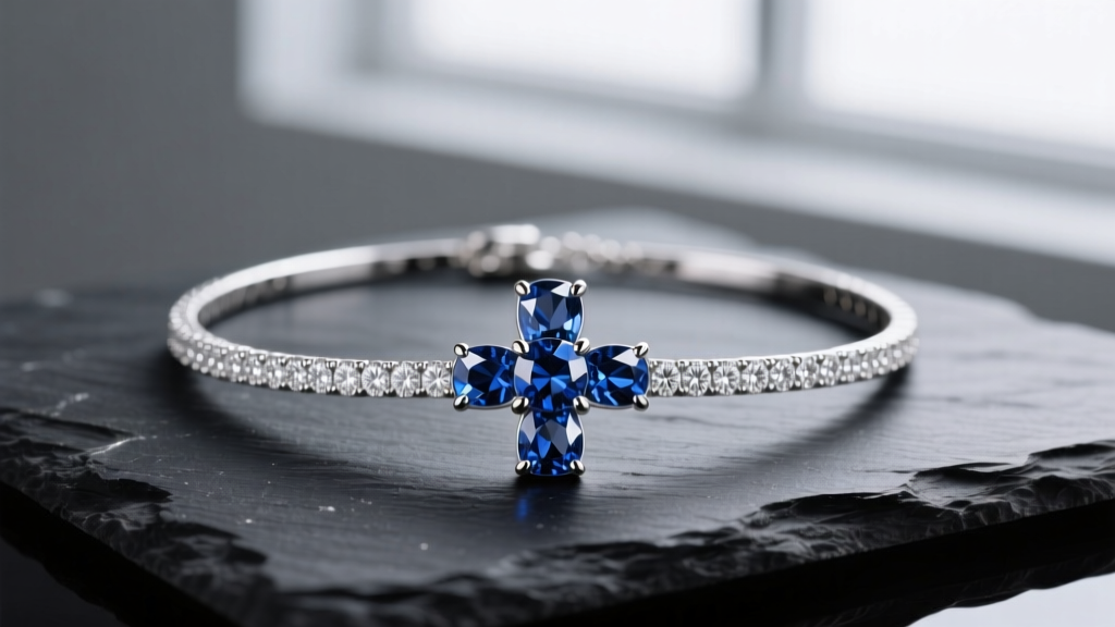 18k white gold diamond and sapphire cross necklace on dark slate, highlighting deep blue sapphires and bright pave diamonds.