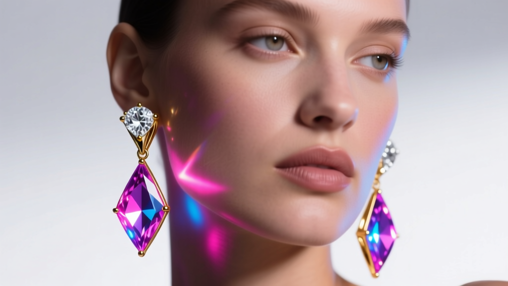 Close-up of a model wearing kinetic 18k gold party earrings with articulated diamond drops catching neon club lighting