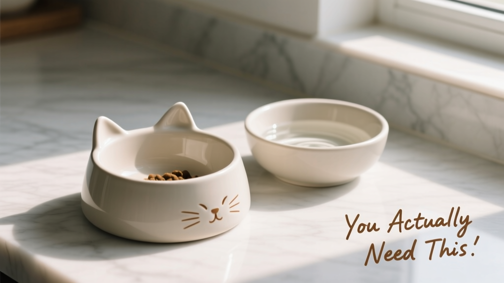 Close-up of a ceramic cat food bowl with cat ears design, placed beside a water bowl on a clean countertop