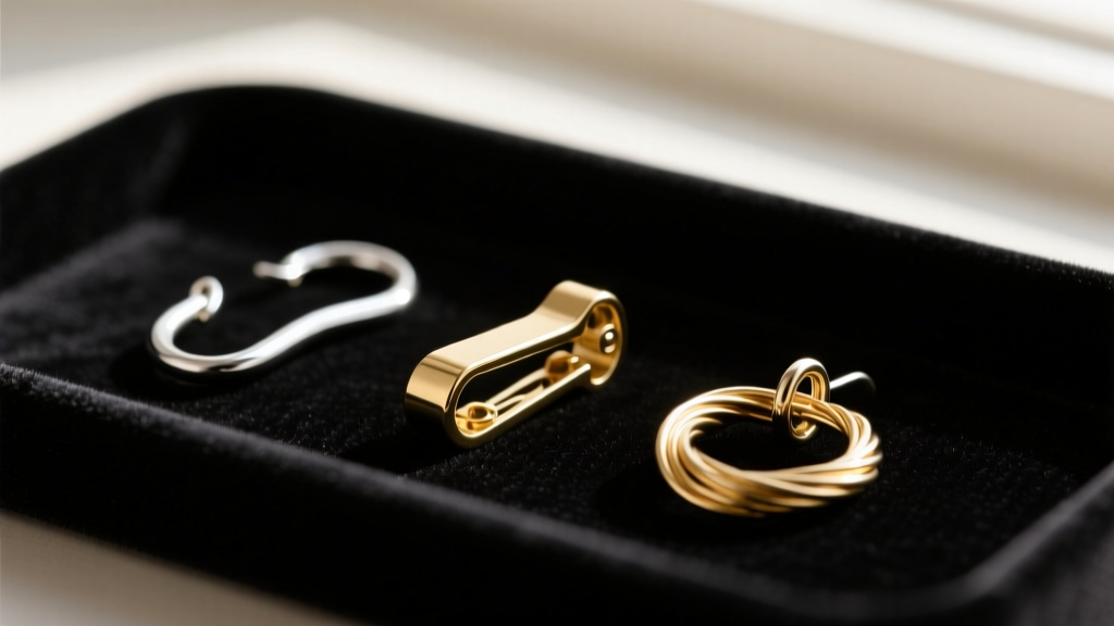 Macro photography of three earring clasps: a standard fishhook, a secure leverback, and a French wire, laid on a dark velvet tray.
